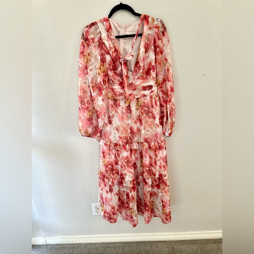 SHEIN Pink Red Plunge Bishop Sleeve maxi dress